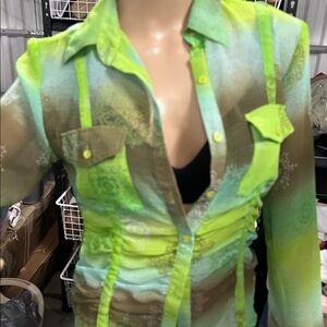 Cruel Girl Sheer Multicolor Green, Blue  and Brown Button Down Shirt size small